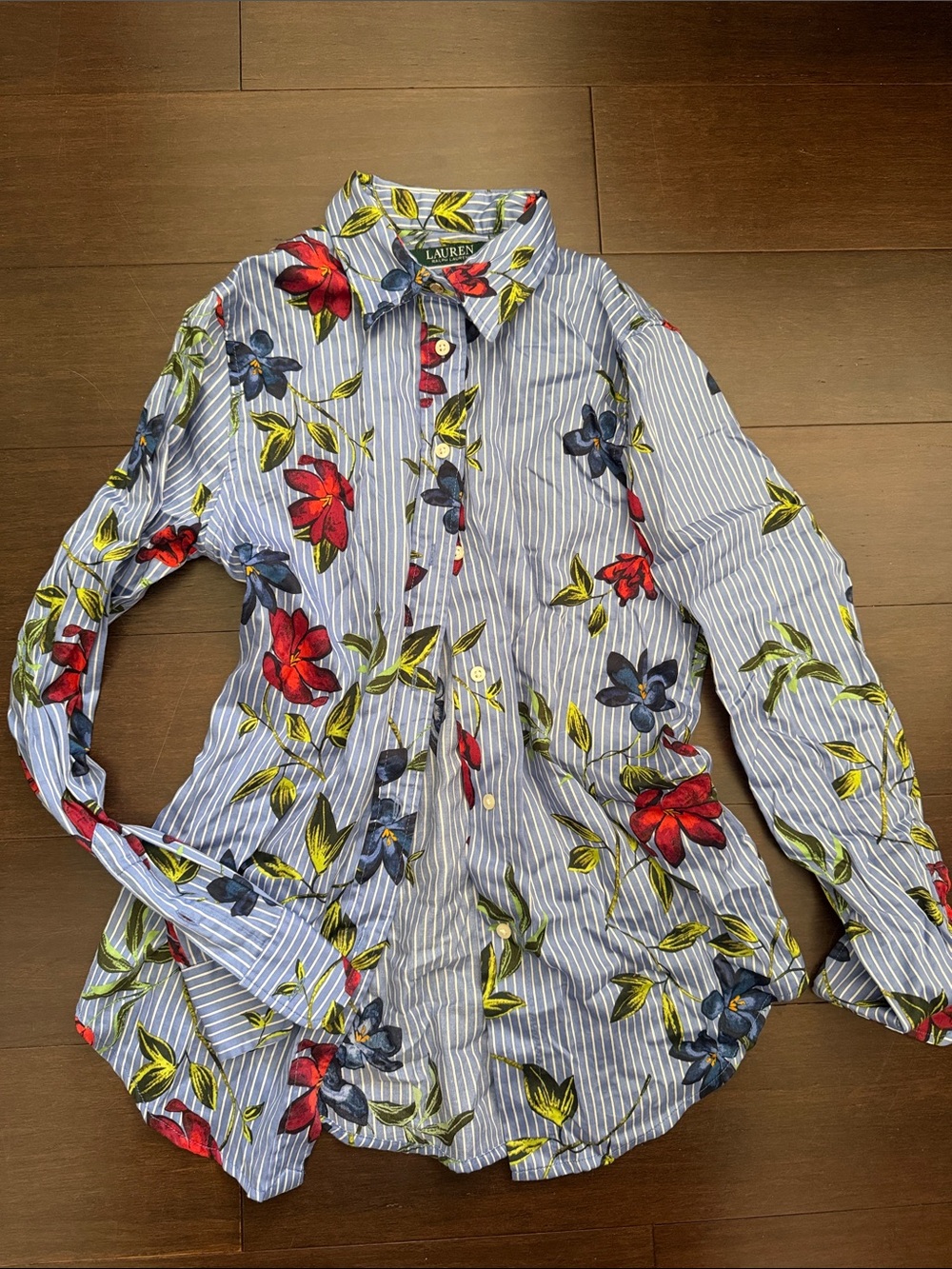 Lauren Ralph Lauren Blue Striped Floral Button-Down Shirt